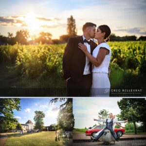 Baiser des mariés en contre-jour dans les vignes du Mâconnais lors du coucher de soleil.
