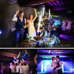 Montage montrant la pièce montée, le marié porté par ses amis et le couple dansant sous des lumières bleues.