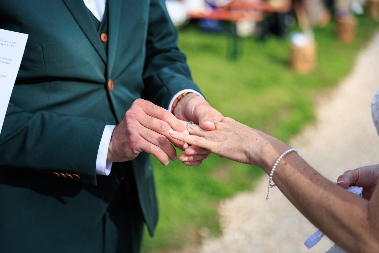 Gros plan des mains des maries echangeant une bague de mariage en exterieur.