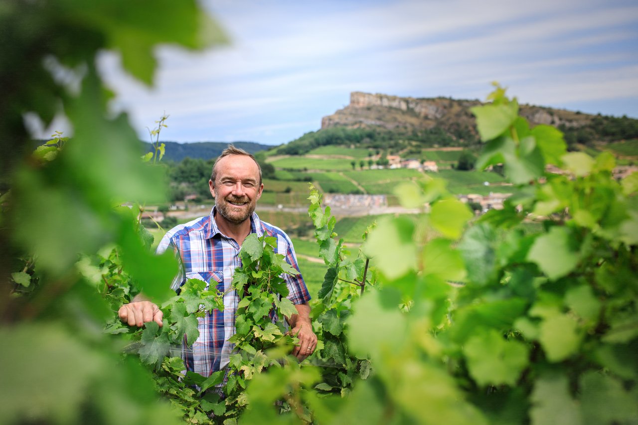 Portrait d'un homme souriant dans un vignoble avec des coteaux en arrière-plan — portrait corporate à Mâcon