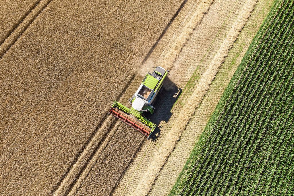 Moissonneuse-batteuse verte en action dans un champ de céréales, vue aérienne — reportage d'entreprise à Mâcon